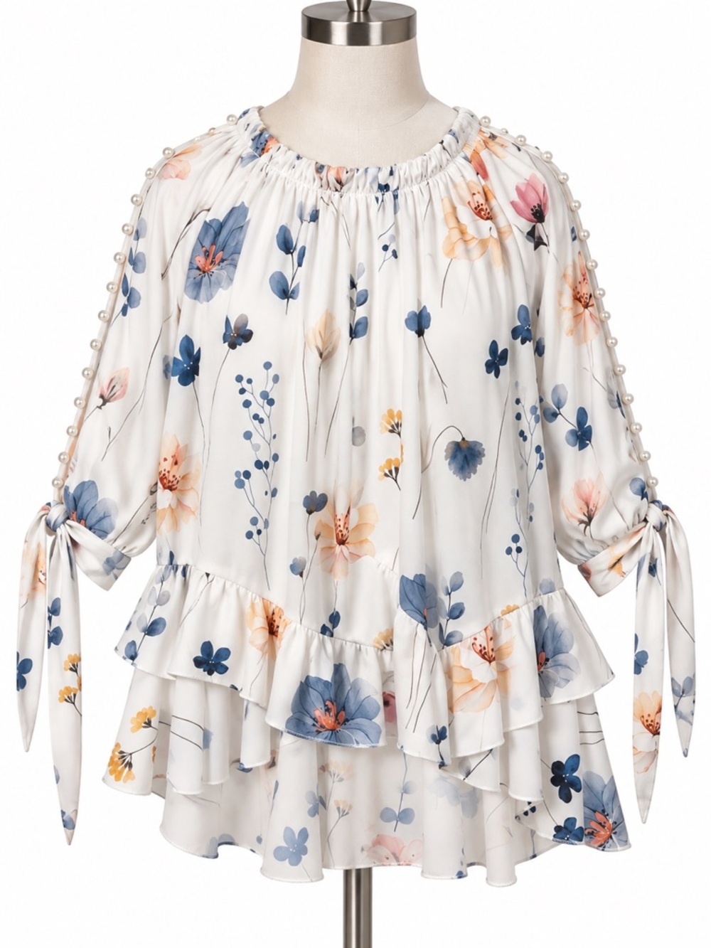 Floral Tie-Sleeve Peasant Blouse - White with Blue & Peach Floral